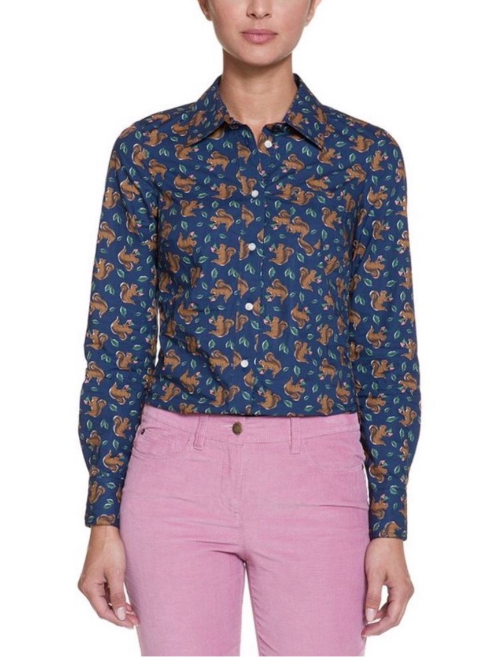 Boden Long Sleeved Printed Button Up Shirt Navy Blue Squirrel Womens US 12